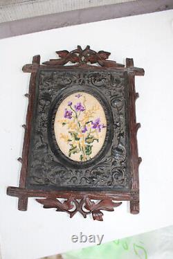Antique black forest wood key cabinet wall embroidery floral decor rare