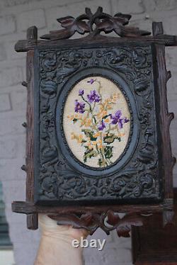 Antique black forest wood key cabinet wall embroidery floral decor rare