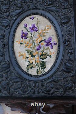 Antique black forest wood key cabinet wall embroidery floral decor rare