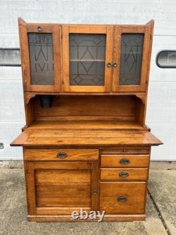 Antique c1905 Hoosier-Style Kitchen Cabinet & Workstation Frosted Panels