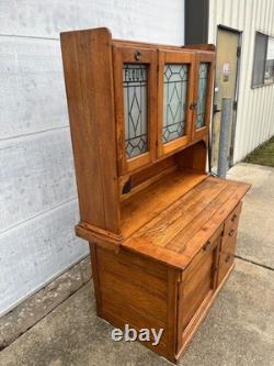 Antique c1905 Hoosier-Style Kitchen Cabinet & Workstation Frosted Panels