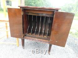 Antique c1928 Burl Walnut Original Finish Rolling Record Storage Music Cabinet