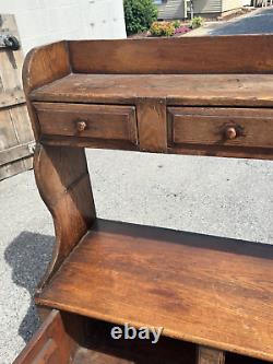 Antique chestnut bucket bench crock shelf, 2 door 3 drawers 1800s cabinet