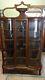 Antique Curved Glass Quartersawn Oak China Cabinet With Leaded Glass Door
