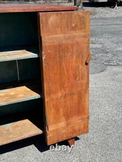 Antique farmhouse milk jelly cupboard cabinet red wash blue paint primitive