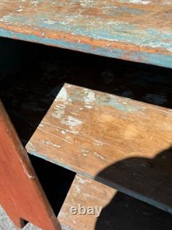 Antique farmhouse milk jelly cupboard cabinet red wash blue paint primitive