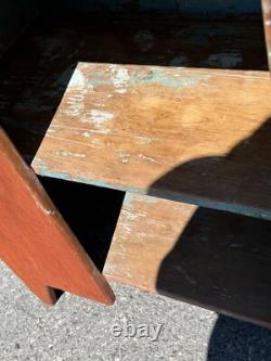 Antique farmhouse milk jelly cupboard cabinet red wash blue paint primitive