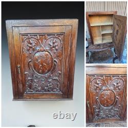 Antique flemish wood wall apothecary cabinet heraldic lion decor