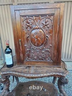 Antique flemish wood wall apothecary cabinet heraldic lion decor