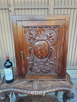 Antique flemish wood wall apothecary cabinet heraldic lion decor