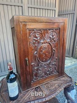 Antique flemish wood wall apothecary cabinet heraldic lion decor