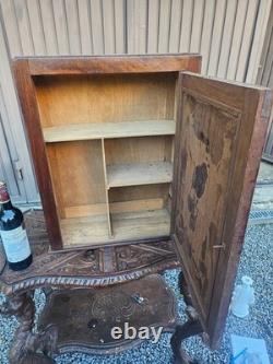 Antique flemish wood wall apothecary cabinet heraldic lion decor
