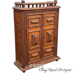 Antique large Hanging tramp art cabinet victorian 2 door chip carved 1890