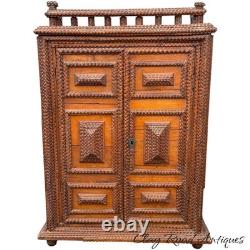 Antique large Hanging tramp art cabinet victorian 2 door chip carved 1890