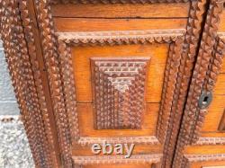 Antique large Hanging tramp art cabinet victorian 2 door chip carved 1890