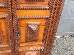 Antique large Hanging tramp art cabinet victorian 2 door chip carved 1890