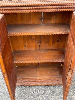 Antique large Hanging tramp art cabinet victorian 2 door chip carved 1890
