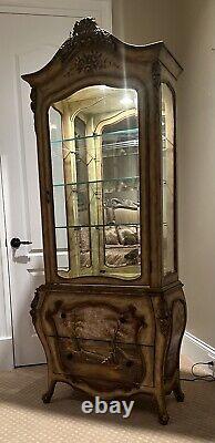 Antique lighted French Vitrine Curio Cabinet with2 drawers&3 shelves hand painted