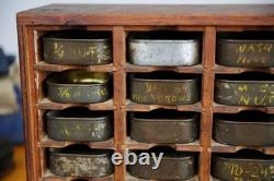 Antique nut bolt bin wood cabinet metal tray watchmaker typeset industrial VTG
