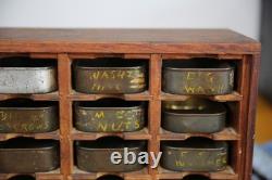 Antique nut bolt bin wood cabinet metal tray watchmaker typeset industrial VTG