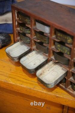 Antique nut bolt bin wood cabinet metal tray watchmaker typeset industrial VTG