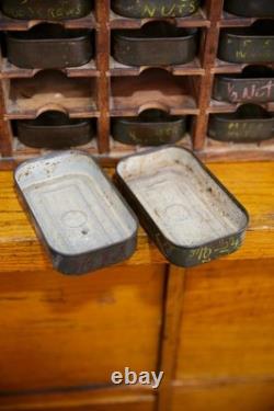 Antique nut bolt bin wood cabinet metal tray watchmaker typeset industrial VTG