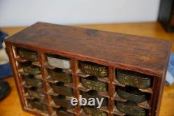 Antique nut bolt bin wood cabinet metal tray watchmaker typeset industrial VTG