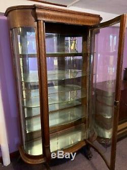 Antique oak Curved Glass Curio Display Cabinet Case vintage Victorian wood hutch