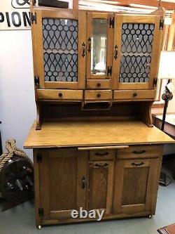 Antique oak hoosier cabinet, Etched Glass, Potato Bin, Onion Bin, Cutting Board