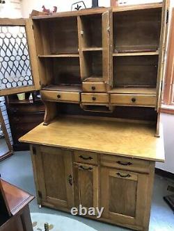 Antique oak hoosier cabinet, Etched Glass, Potato Bin, Onion Bin, Cutting Board
