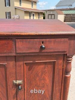 Antique paint decorated country store primitive stand table cabinet cupboard