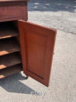 Antique paint decorated country store primitive stand table cabinet cupboard