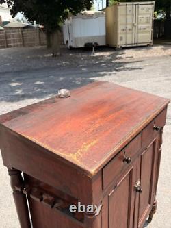 Antique paint decorated country store primitive stand table cabinet cupboard