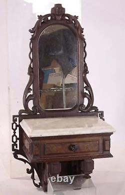 AntiqueCARVED BLACK WALNUT, MARBLE TOP, MIRRORED WALL SHELF WITH DRAWER-Exc