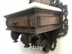 AntiqueCARVED BLACK WALNUT, MARBLE TOP, MIRRORED WALL SHELF WITH DRAWER-Exc