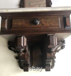 AntiqueCARVED BLACK WALNUT, MARBLE TOP, MIRRORED WALL SHELF WITH DRAWER-Exc