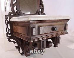 AntiqueCARVED BLACK WALNUT, MARBLE TOP, MIRRORED WALL SHELF WITH DRAWER-Exc