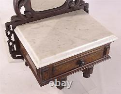 AntiqueCARVED BLACK WALNUT, MARBLE TOP, MIRRORED WALL SHELF WITH DRAWER-Exc