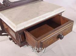 AntiqueCARVED BLACK WALNUT, MARBLE TOP, MIRRORED WALL SHELF WITH DRAWER-Exc