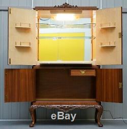 Art Deco Burr Walnut, Glass Shelves & Lights Drinks Cocktail Cabinet Cupboard