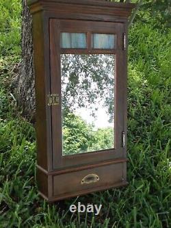Arts & Crafts Mission Oak Medicine Cabinet Cupboard Stained Glass Mirrored Door