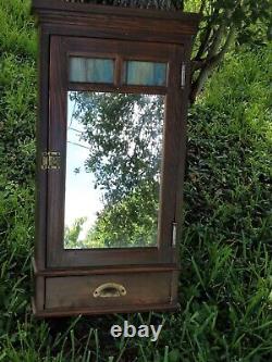 Arts & Crafts Mission Oak Medicine Cabinet Cupboard Stained Glass Mirrored Door