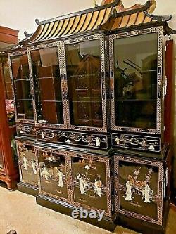 Asian Oriental black Lacquer Mother of Pearl Pagoda breakfront china Cabinet