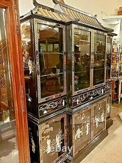 Asian Oriental black Lacquer Mother of Pearl Pagoda breakfront china Cabinet