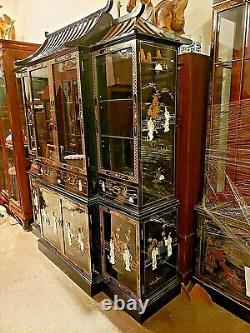 Asian Oriental black Lacquer Mother of Pearl Pagoda breakfront china Cabinet