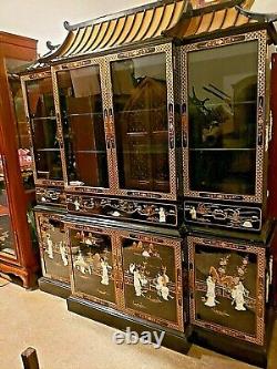 Asian Oriental black Lacquer Mother of Pearl Pagoda breakfront china Cabinet