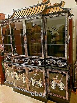 Asian Oriental black Lacquer Mother of Pearl Pagoda breakfront china Cabinet