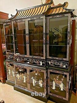 Asian Oriental black Lacquer Mother of Pearl Pagoda breakfront china Cabinet