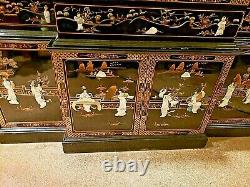 Asian Oriental black Lacquer Mother of Pearl Pagoda breakfront china Cabinet