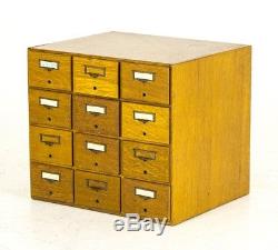 B686 Antique Tiger Oak 12 Drawer Library File Card Cabinet, Brass Hardware
